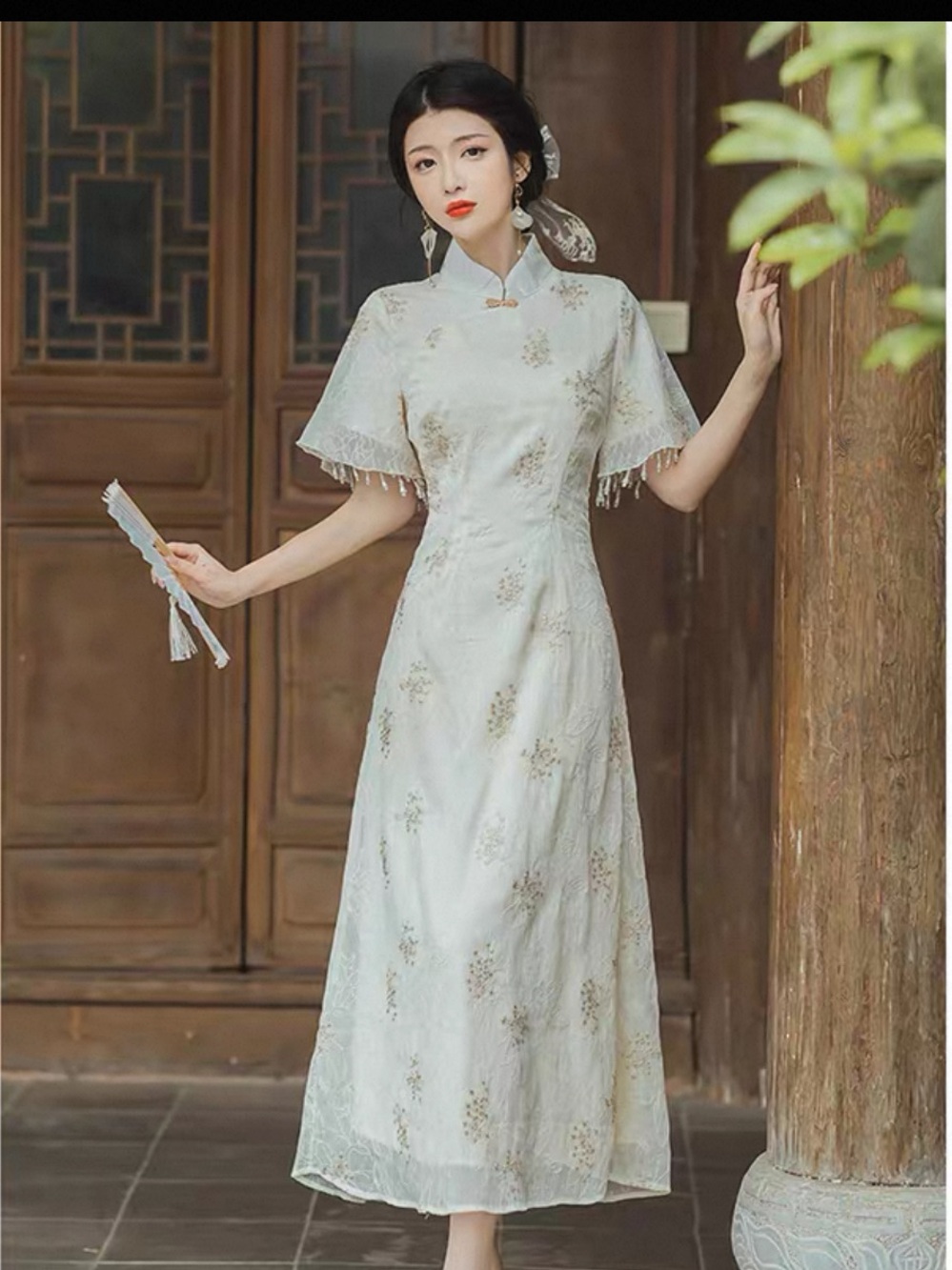 Ivory Gold Embroidered Midi Dress Pearl Beading Pearl Fringe Sleeves